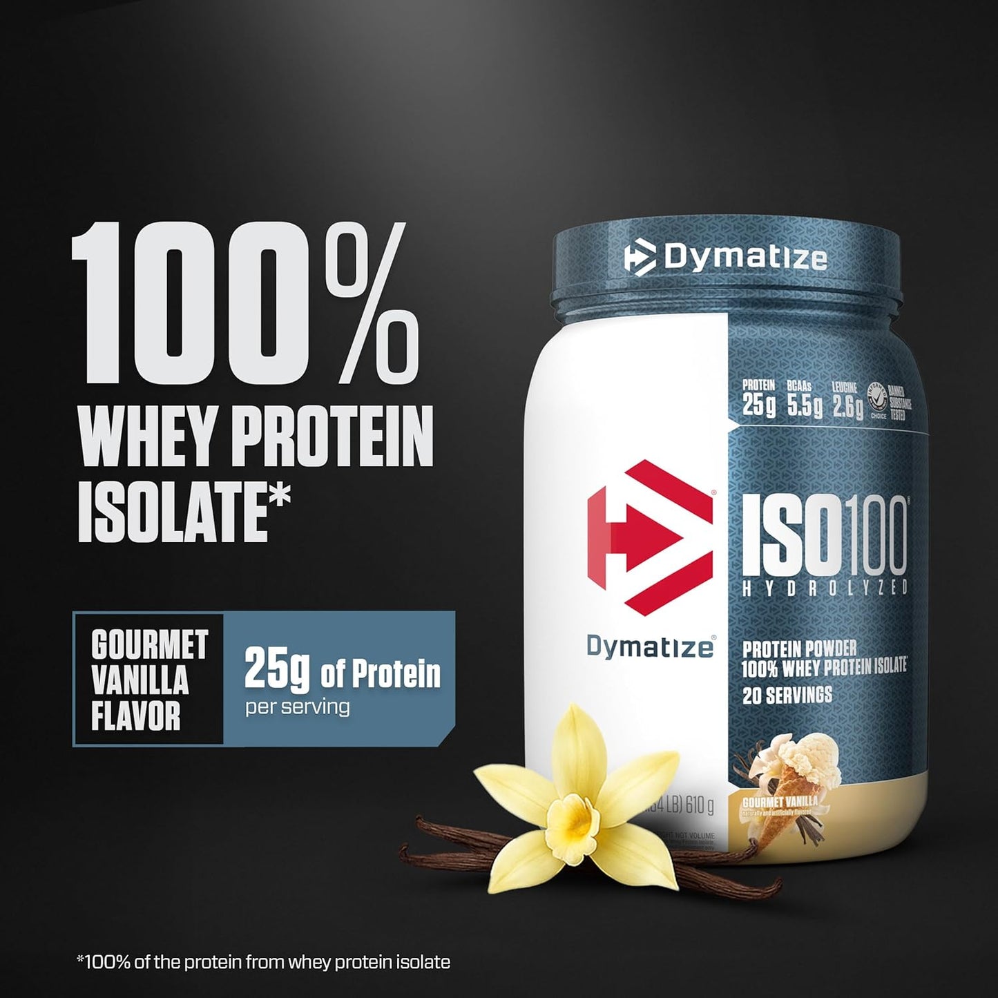 Dymatize ISO100 Whey Protein Isolate Powder — 25g Protein, 5.5g BCAAs, Under 120 Calories, Gluten-Free, 1g Fat, 1g Sugar, 2g Carbs (20 Servings)